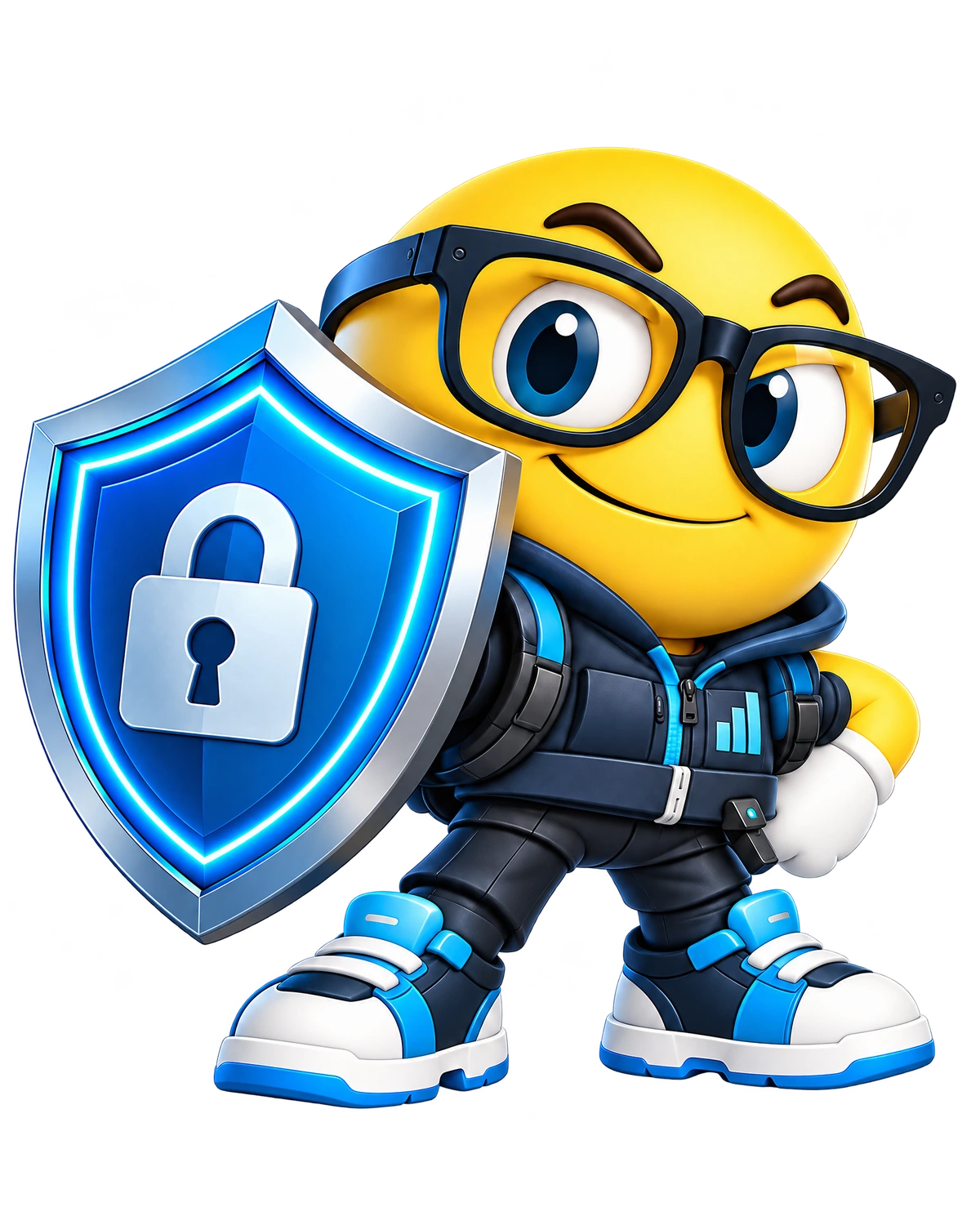 G, the yellow, glasses-wearing AI mascot in a blue outfit, holding a glowing blue shield with a padlock